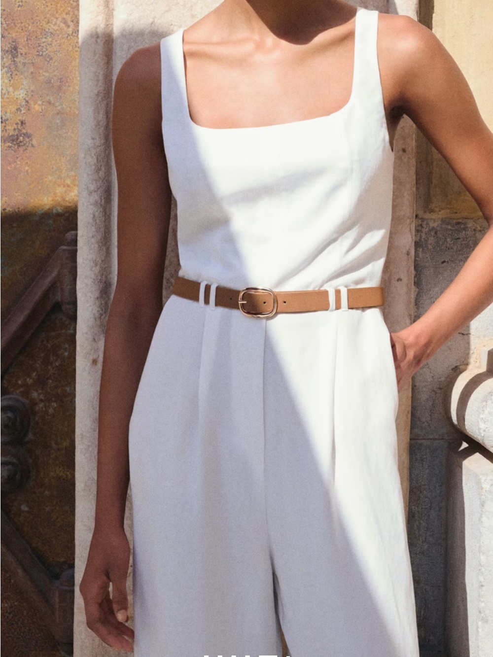 Mango Off-White Sleeveless Lyocell Jumpsuit with Tan Belt - Picture 4 of 10